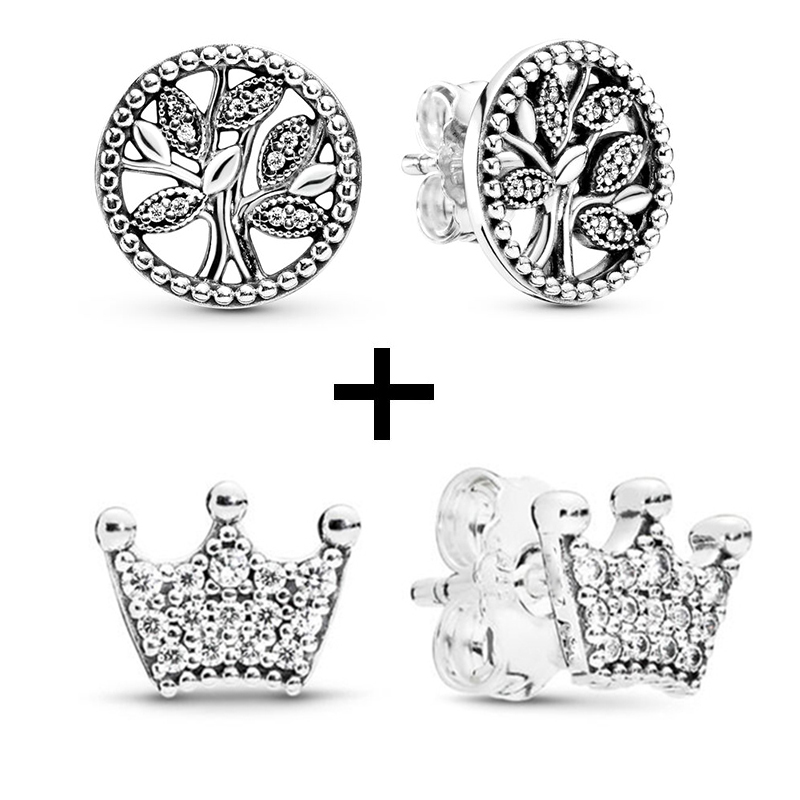 New Popular 925 Sterling Silver Silver Crown Round Stud Earrings Transparent CZ For Earrings Women Wedding Jewelry Gift Special Offer