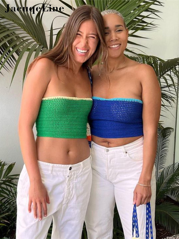 JacuqeLine Summer Y2K Green Knitted Strapless Crop Top Women Sleeveless Patchwork Vintage Bandage Sexy Tank Tops Backless 220316