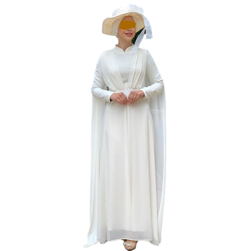 Elegant Arabic Muslim White Chiffon Evening Dresses 2022 Long Sleeve Ribbons A Line Simple Celebrity Party Gowns Floor Length Moroccan Kaftan Prom Wea