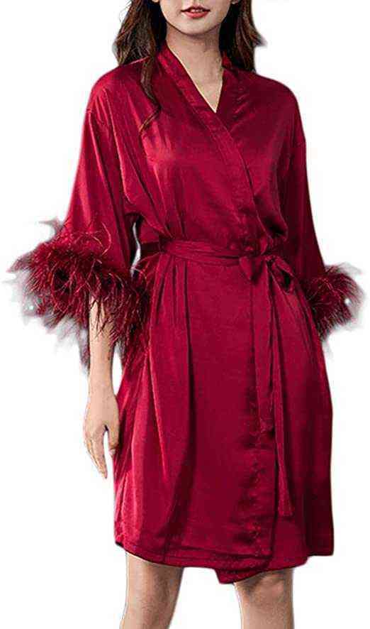 Nxy Sexy Underwear 3xl Vrouwen Struisvogel Haar Mouw Satijnen Kimono Bruid Gewaad Nachtkleding Roze Gewaden Pyjama Badjas Nachtjapon Bruids Kamerjas 0