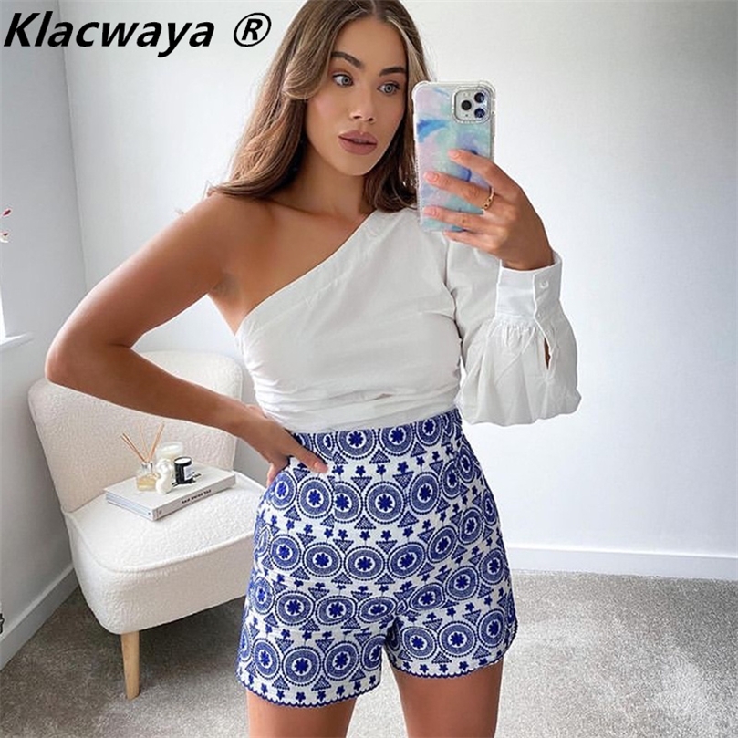 Klacwaya Women Blue Embroidery High Waist Shorts Fashion Lady Boho Style Shorts Vintage Side Zipper Chic Female Pants 220527