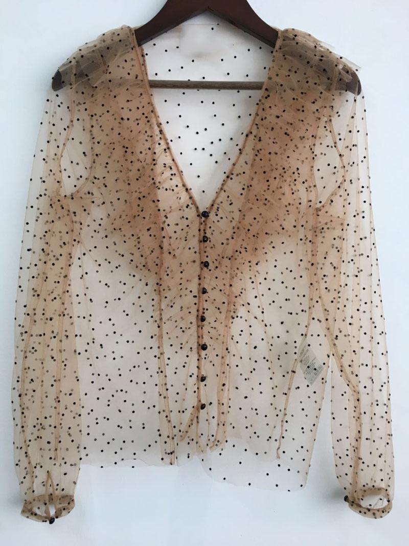 Nude Dot Print Tulle Shirt V-neck Ruffled Detail Long Sleeves Fashion Blouse TOPS WOMAN Women's Blouses & Shirts
Nude Dot Print Tulle Shirt V-neck Ruffled Detail Long Sleeves Fashion Blouse TOPS WOMAN Women's Blouses & Shirts