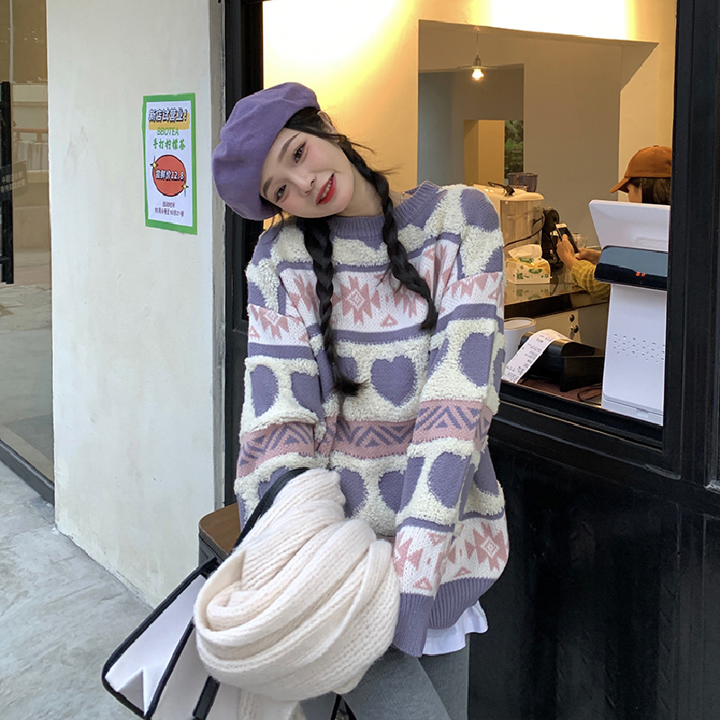 Vintage Leisure Womens Clothing Sweater Lazy Wind Purple Crew Neck Pullover Winter Long Sleeves HeartShaped Knitting Tops W220817