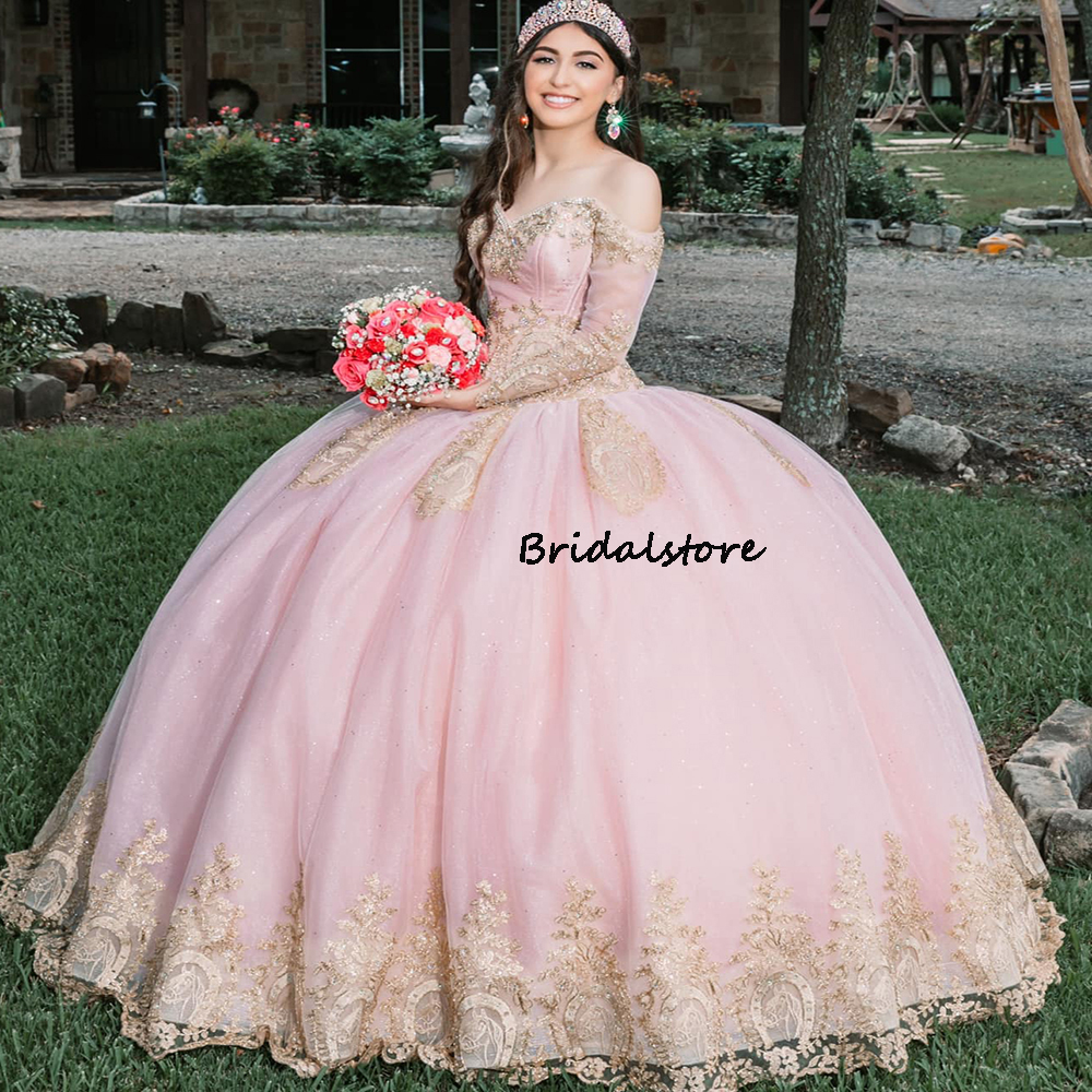 Sparkly Pink Quinceanera Dresses Charro Mexican Formal 2022 Princess Sweetheart Crystal Long Sleeve Ball Gown Masquerade Prom Dress Vestido De 15 Años