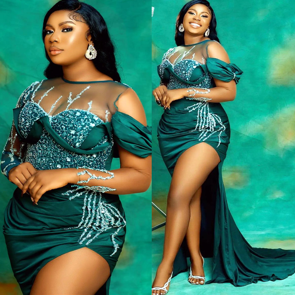 plus size arabic aso ebi hunter green mermaid prom dresses beaded sequins evening formal party second reception birthday engagement bridesmaid gowns d