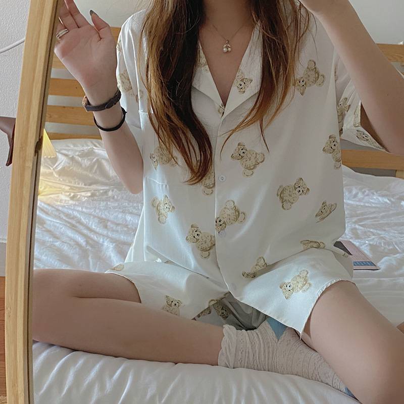 WIKISSPJS Pajamas Women's Cute Sleeve Shorts Kawaii Two Piece Set Summer Loungewear Sleep Tops Bear Cub Cartoon Pjs JP(Origin) 220329