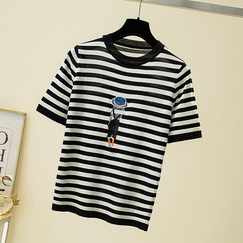 Embroidery Striped Knitted T Shirt Women Casual Short Sleeves Thin T-Shirt Soft Kintwear Woman Tshirts Female Summer Tops 220328