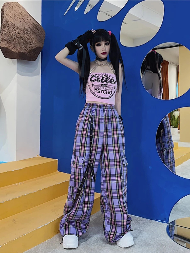 QWEEK Mall Goth Y2K Cargo Pant Hippie Purple Plaid Harajuku Streetwear Chain Checked Trousers Famale High Waist Aesthetic 220325
