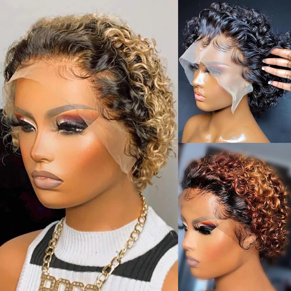 Short Bob Pixie Cut Human Hair Wigs Kinky Curly Ombre Blonde/Brown/Black Colored Bouncy Deep Wave Lace Front Wig for Women