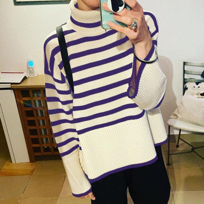 Women's Sweaters Autumn Winter Oversized Cotton Knitted Pullover - Striped Turtleneck Long Sleeve Loose Casual B4