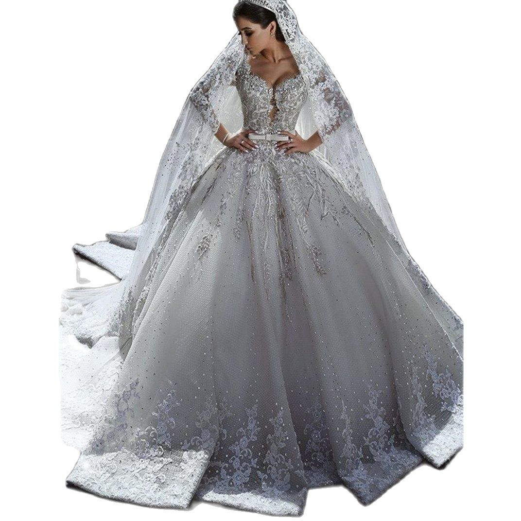 Luxurious Princess Ball Wedding Dresses Long Sleeves Seep V Neck Sequins Appliques Beads Lace Ruffles Floor Length Bridal Gown Plus Size Robes De Soir