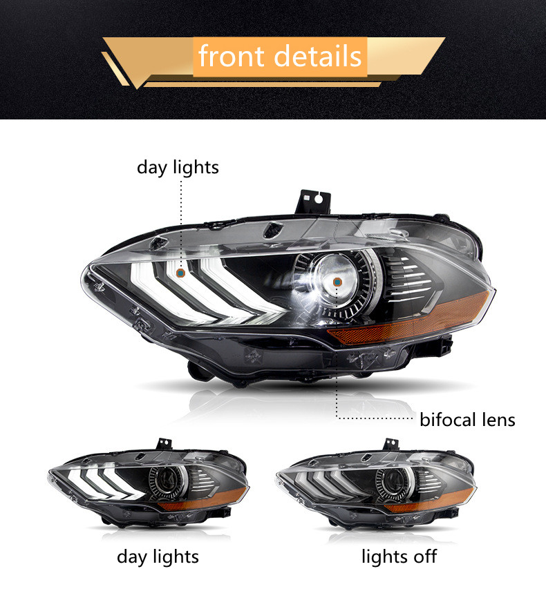 For Ford Mustang 20 18-UP LED Headlight Assembly Retrofit RGB Wiping Turn Indicator Lens Car Daytime Running Headlight
