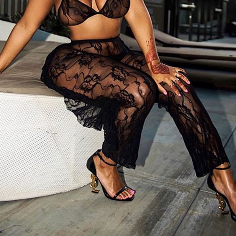 Summer Lady Beach Pants Arrival Mesh Sheer Patchwork Ruffle High Waist Lace Transparent Fashion Sexy Long Wide Leg Pant 220325