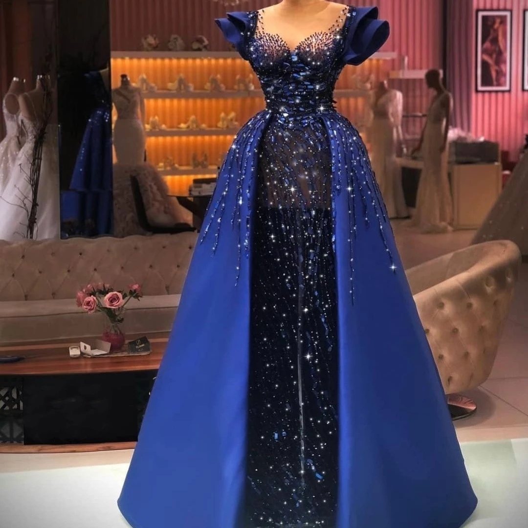Royal Blue Sequined Evening Dresses See Through With Overskrtis Party Gowns Cap Sleeves Lace Appliques Women Formal Floor Length Robe De Soriee