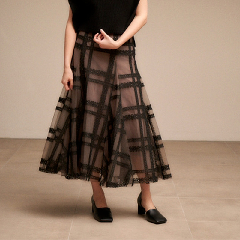 Kuzuwata Autumn Women Faldas High Waist Contrast Color Mid Calf Plaid Lace Ball Grown Skirt Japanese Kawaii Jupe 220317