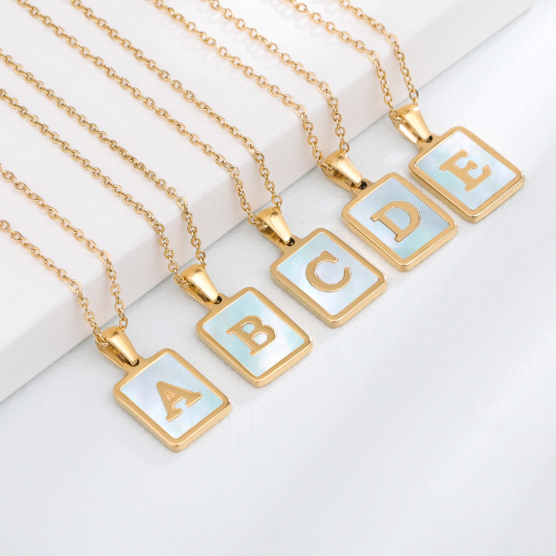 Golden Necklace A-Z Alphabet Stainless Steel Shell Square Pendants Jewelry Letters Name