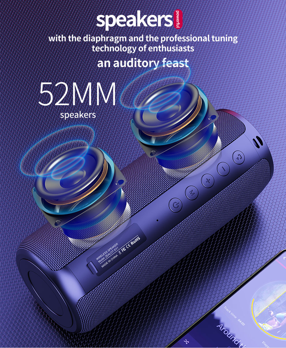 S51 Portable Speaker Bluetooth Wireless Speaker with Deep Bass and Loud Sound TWS Fabric Subwoofer Builtin Microphone for Home Ou