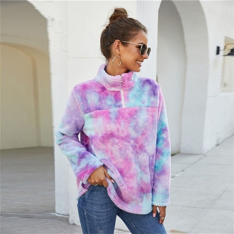 Sherpa Fleece Sweater Rainbow Gradient Fluffy Zipper Pullover Female Winter Warm Tops Chic Party Fluffy Teddy Fleece Sweaters 201222