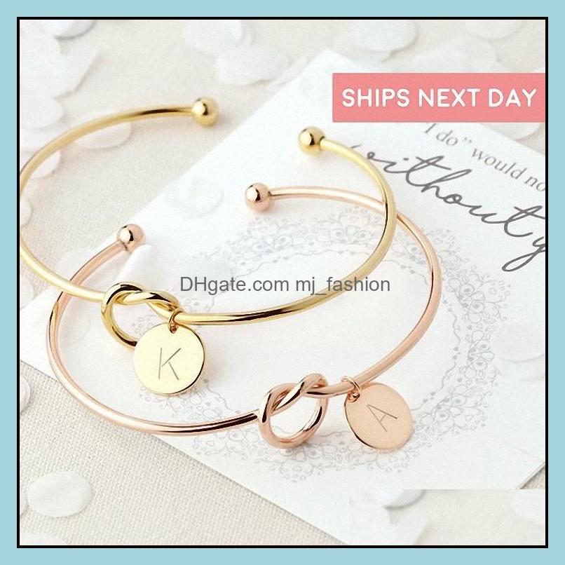 Charm Bracelets Jewelry 26 Letters Open Adjustable Wire Cuff Bracelet Alphabet Heart Knot Bangle For Women Q348Fz Dtd