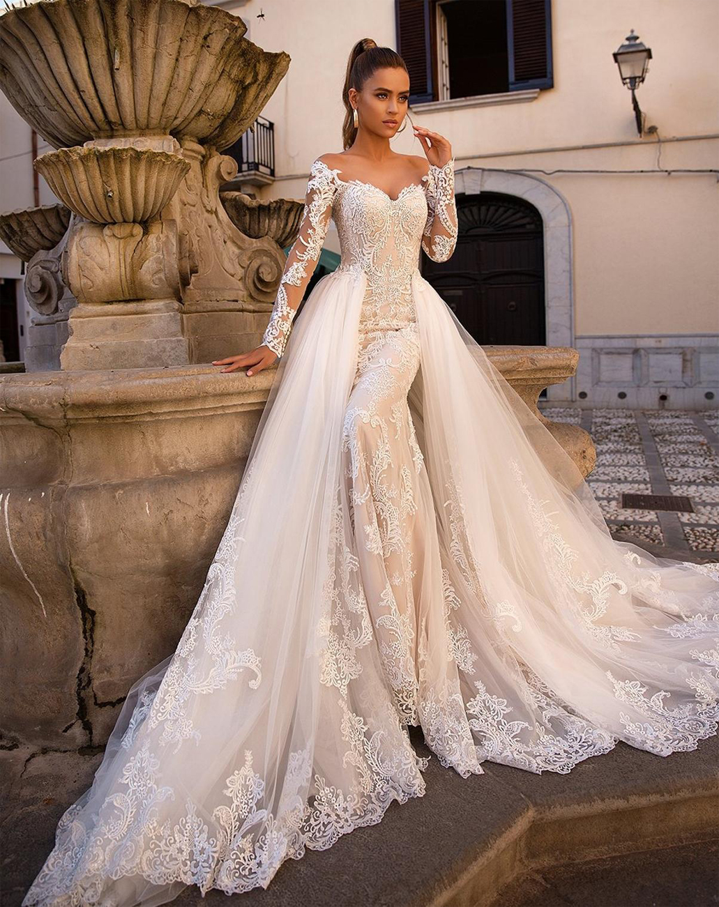 Princess A-e Wedding Dresses Gowns Lace Tulle Long Sleevel Strapless Off Shoulder Backless Appliques Sequins With Detachable Train robe custom made
