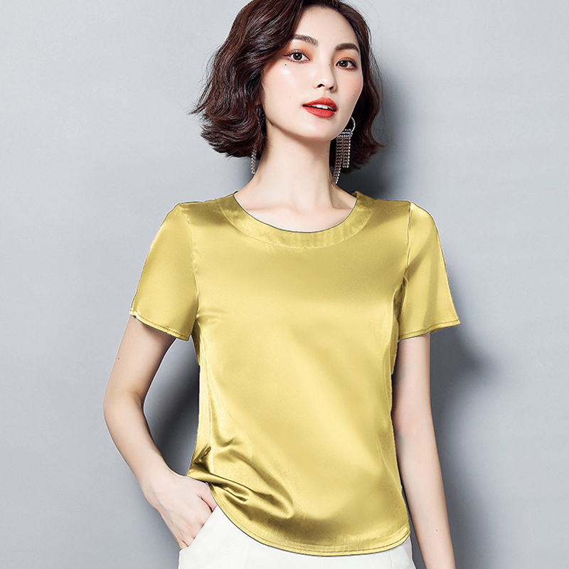 Summer Basic Solid Women's T-Shirts O-Neck Short Sleeve Tees Tops Satin Silk Elegant Thin Shirts for Female 220328