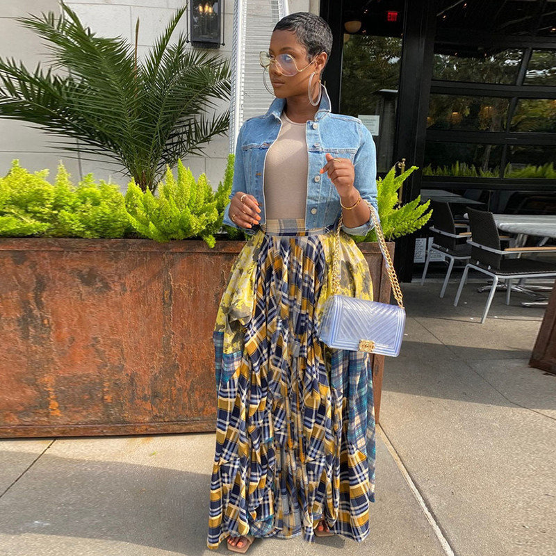 Plaid Checkered Tie Dye Patchwork Pleated Skirt Women Vintage High Waist Ruched Maxi Summer Female Floor Length s 220317