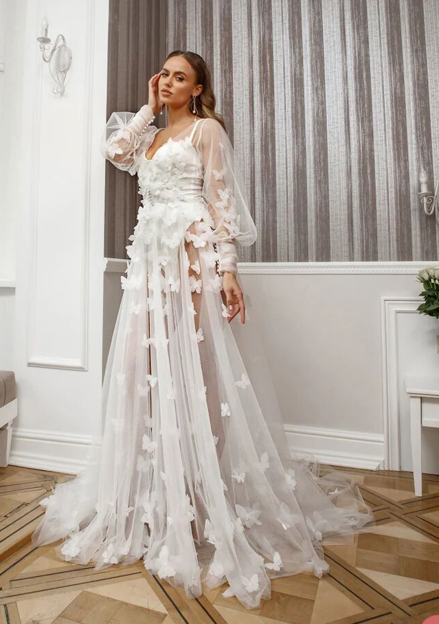 Sexy White Sleepwear Robes Organza Applique V-neck Long Sleeves Floor Length Pearls Woman Wear Custom Made Robe