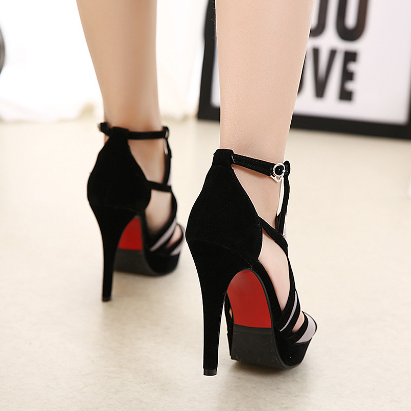 European Station Sandals Flock Buckle Strap Color matching Hollow Thin Heels 11CM Women Shoes 220328