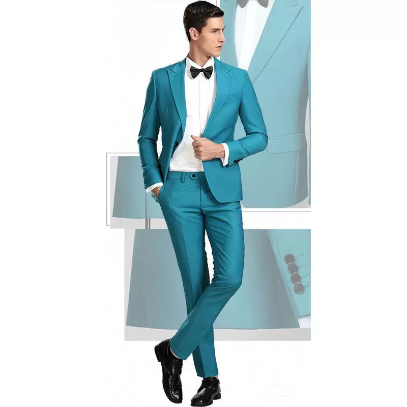 2022 Classy Slim Fit Teal Mens Suits Wedding Tuxedos Peaked Lapel Long Sleeve Prom Party Blazer Handsome Groom Wear Formal Evening Gowns Jacket And Pa