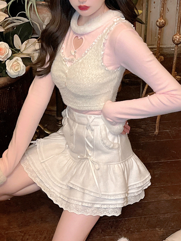 Winter Pink Kawaii Lolita Vest Women Lace Japanese Casual Sweet Cute Tanks Bow Warm Princess Camisole Korean Style Clothing 220325