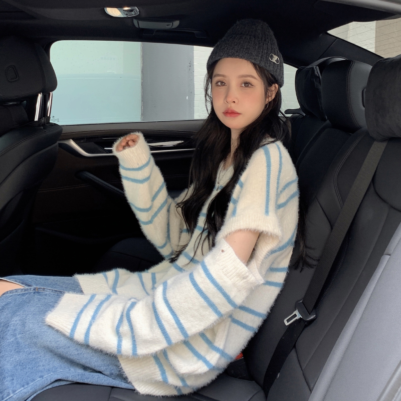 Korean Fashion Loose Winter Womens Clothing Sweater Blue Stripes V Neck Removable Sleeves Pullover Long Sleeves Knitting Tops 220817