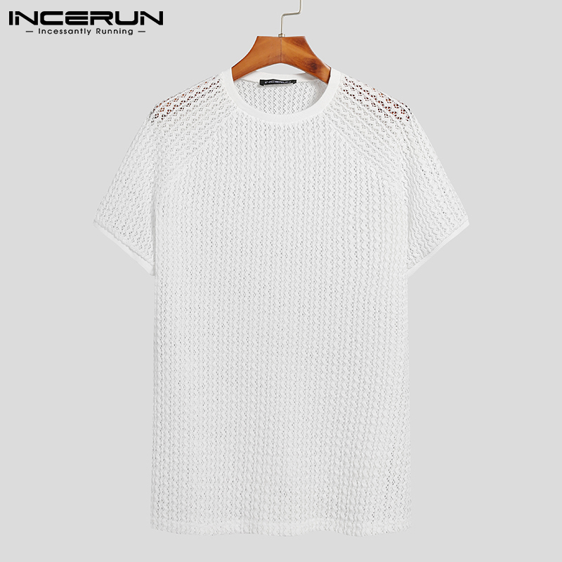 Men T Shirt Solid Color Hollow Out See Through Streetwear Short Sleeve O Neck Tops Vacation Casual Sexy Camisetas INCERUN 7 D220611
