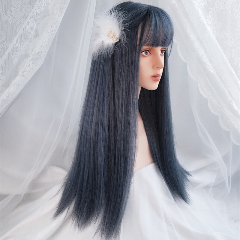 Beautiful Long Straigh with Bangs Wig Hight Temperature Women's Daily Life Cosplay wigs(Pink blue and black )