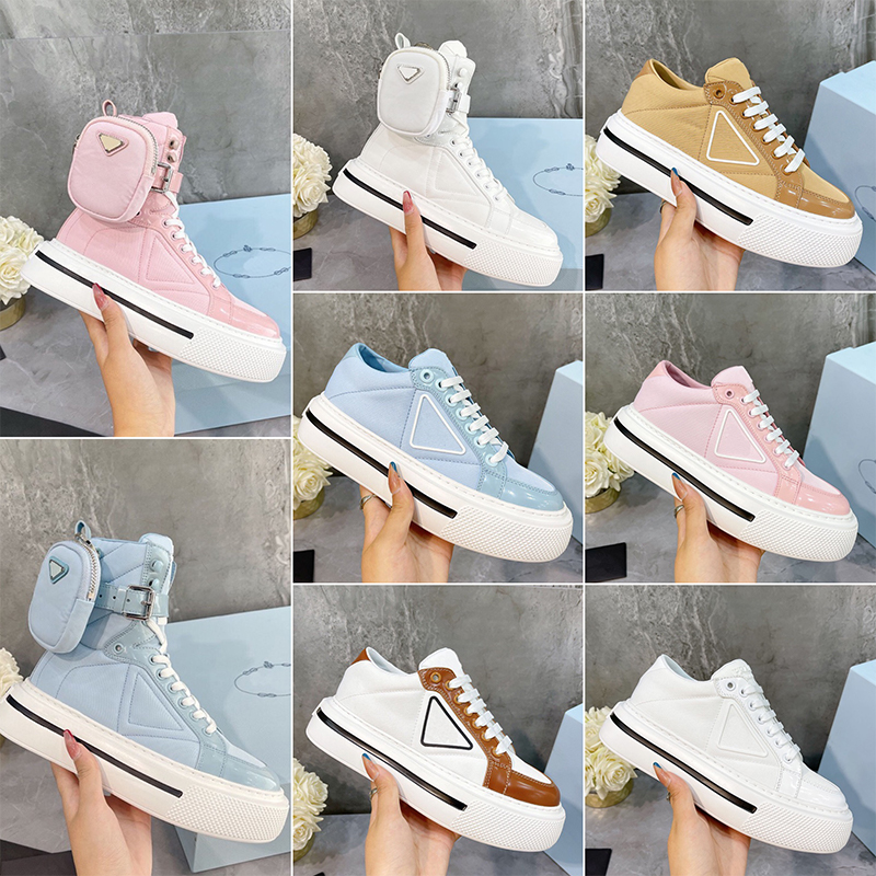 Luxurys Womens Casual Sports Shoes Designer Shiny Leather Nylon Sneakers Classic Triangle logo Lady shoe Trainers Thick Bottom gabardine for pink Shoess size36-40