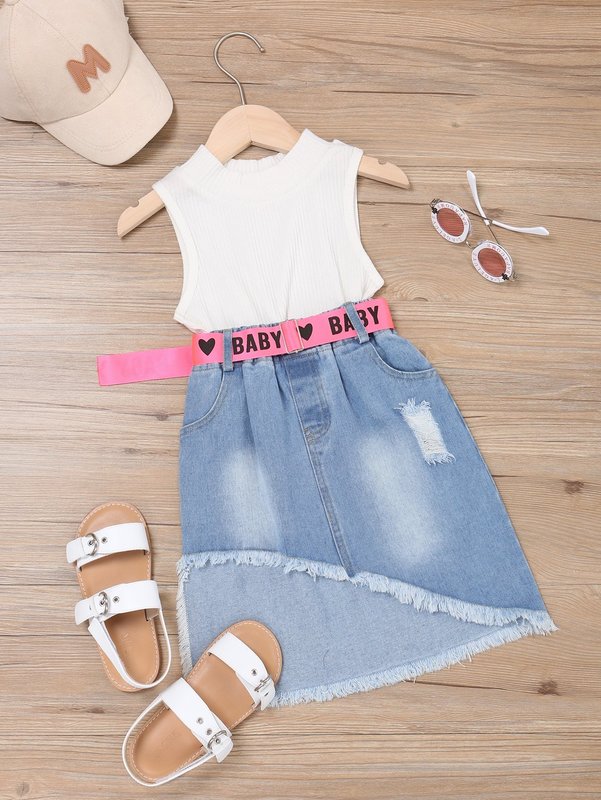 Toddler Girls Solid Tank Top & Ripped Asymmetrical Hem Belted Denim Skirt SHE