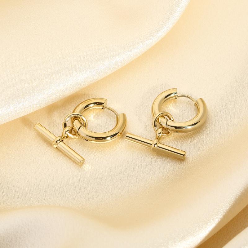 Hoop & Huggie Stainless Steel T-bar Hanging Earring Waterproof Jewelry Gold Color Chunky Earrings For WomenHoop