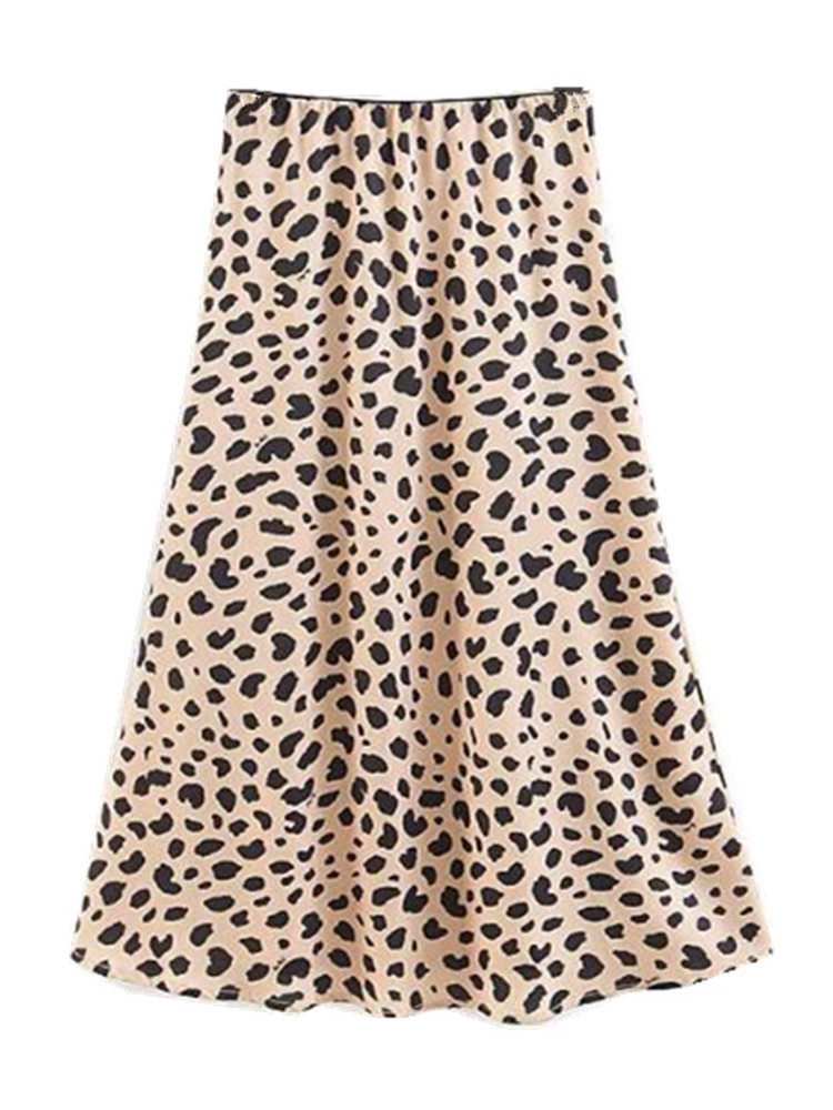 Retro High Waist Leopard Print Satin Skirt like Silk Summer Women Elastic Mid Long Aline Skirts Femme 220701