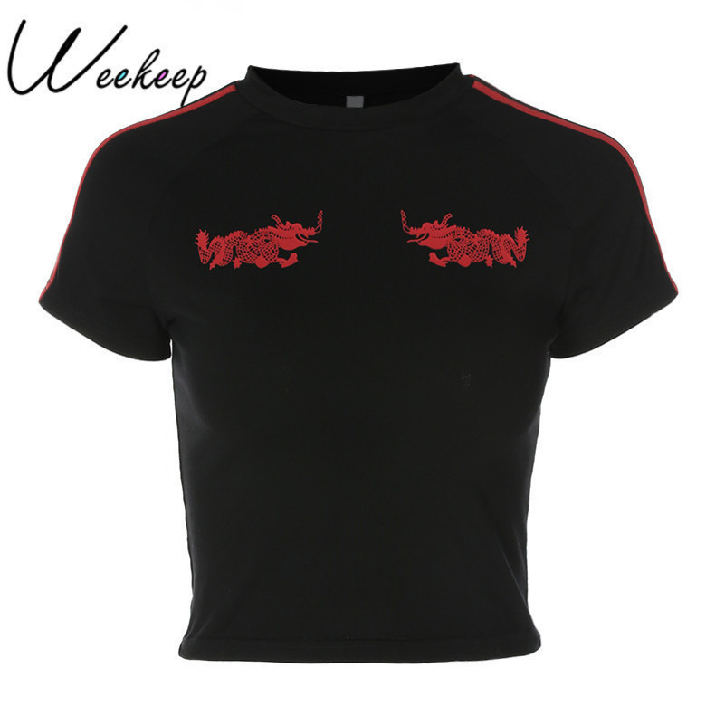 Weekeep Fashion Slim Waist t shirt Women Cropped Dragon Print Stripe Cotton Tshirt Summer Black Oneck tee shirt femme Y200412
Weekeep Fashion Slim Waist t shirt Women Cropped Dragon Print Stripe Cotton Tshirt Summer Black Oneck tee shirt femme Y200412