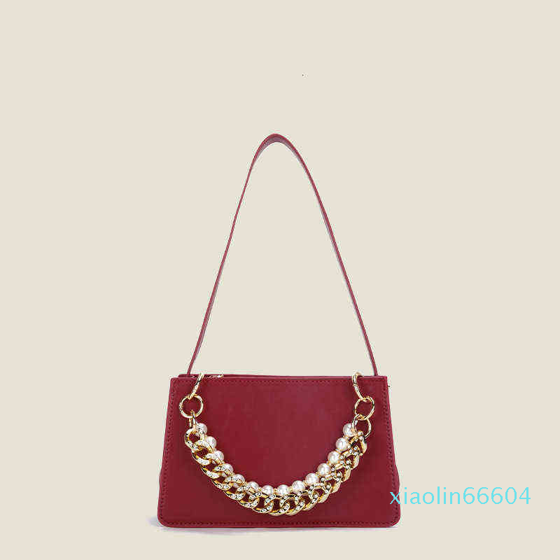 Designer-Evening bag Pearl metal chain women's bag fashion single shoulder hand, Red 
Designer-Evening bag Pearl metal chain women's bag fashion single shoulder hand, Red