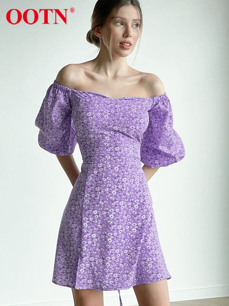 OOTN Summer Elegant Dress Holiday Floral Print Slash Neck Back Lace Up Womens Dress Purple Slit Lantern Sleeve A-Line Dress 220511