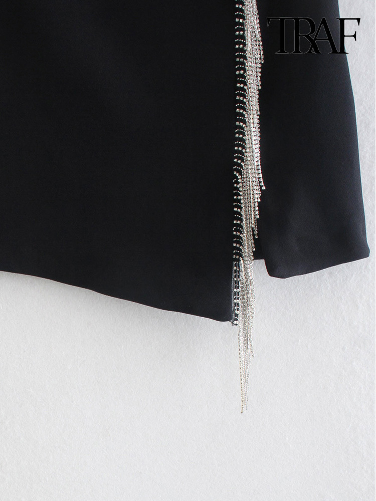 TRAF Women Fashion With Bejewelled Fringe Detail Mini Skirt Vintage High Waist Side Zipper Female Mujer 220322
