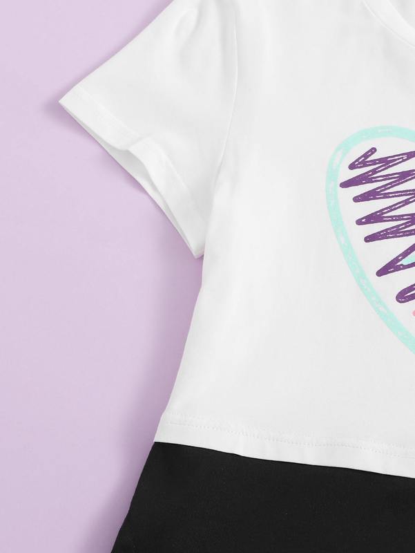 Girls Heart Print Tee & Letter Graphic Leggings Set SHE