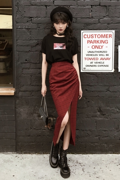 Leixin original dark hard girl cool and handsome Red Plaid split high waist long skirt shows thin autumn 220317