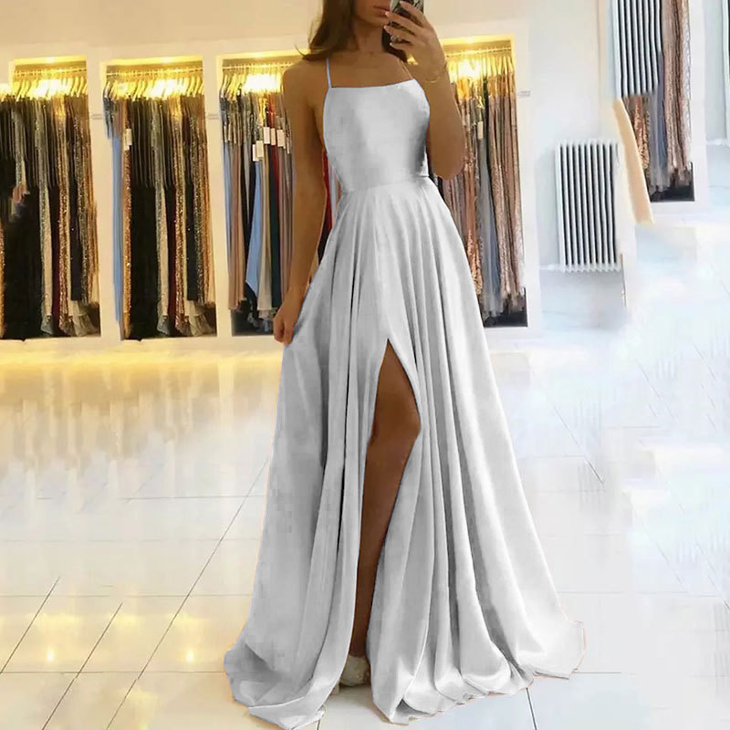 Satin Dresses Evening Dress prom party Robe De Formal Dress simple Spaghetti Sexy Slit
