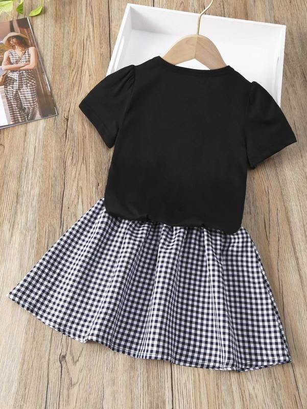 Toddler Girls Gingham Bow Front Puff Sleeve Tee & Skirt SHE