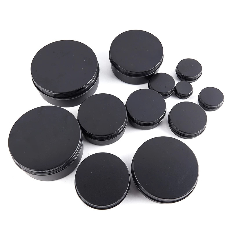 Cosmetics Container Empty Black Aluminum Tin Jars Lip Balm Bottle Candle Tea Cans Boxes Packaging with Screw Lids