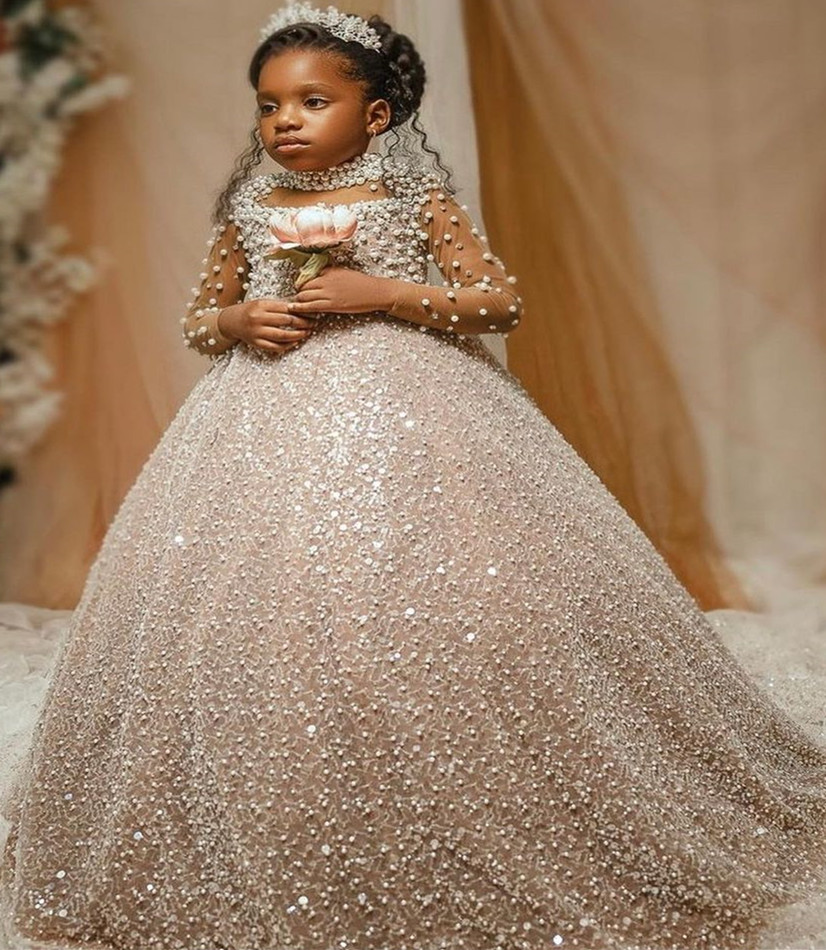 2022 Luxurious Sequined Lace Flower Girl Dresses High Neck Long Sleeves Ball Gown Tutu Lilttle Kids Birthday Pageant Weddding Gowns ZJ516