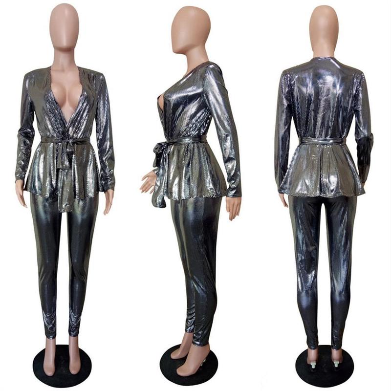 Winter Women Sets Stamping Tracksuits Full Sleeve Sashes Tops+Pants Suit Two Piece Set Night Club Party Outfits GL6332 220315