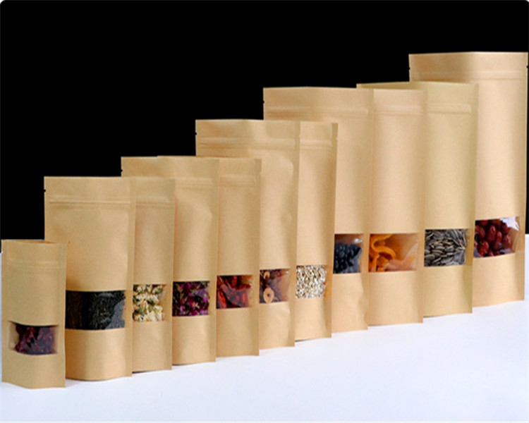 100pcs Stand up Kraft Paper Clear Window Zip Lock Packaging Bag Resealable Snack Candy Salts Biscuits Coffee Beans Powder Heat Sealing Gift Storage Po