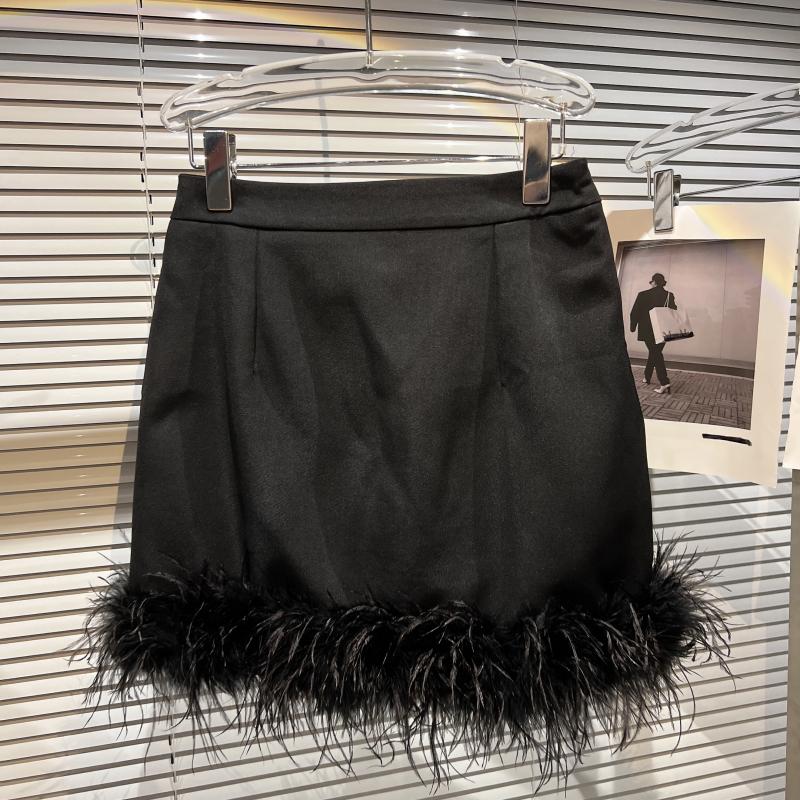 New womens elastic waist solid color ostrich fur bottom patchwork sexy fashion short pencil skirt SML